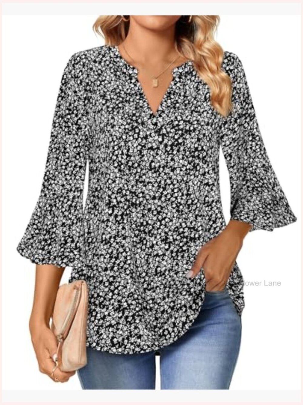 Ruffle 3/4 Sleeve V Neck Chiffon Tunic Blouse Business Work Top - Picture 5 of 6